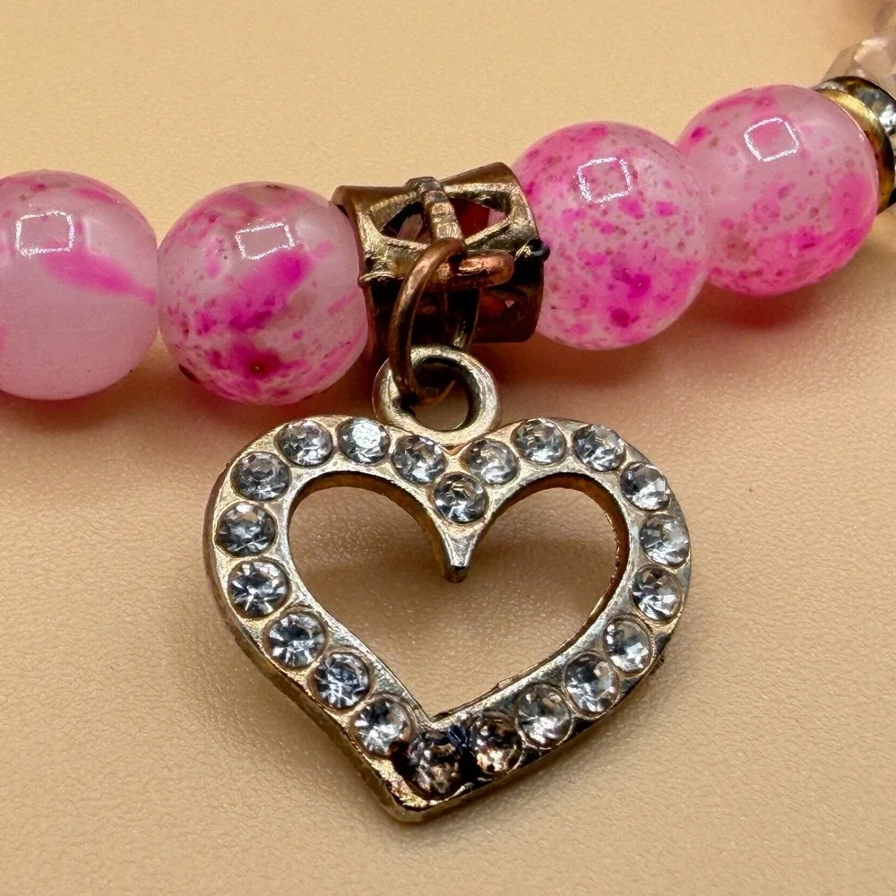 Pink Crystal Beaded Heart Charm Stretch Bracelet Romantic Coquette Statement